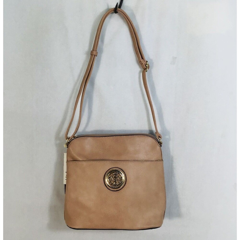 New POPPI Peta Approved Vegan Leather Tan Medium Crossbody Bag Purse NWT